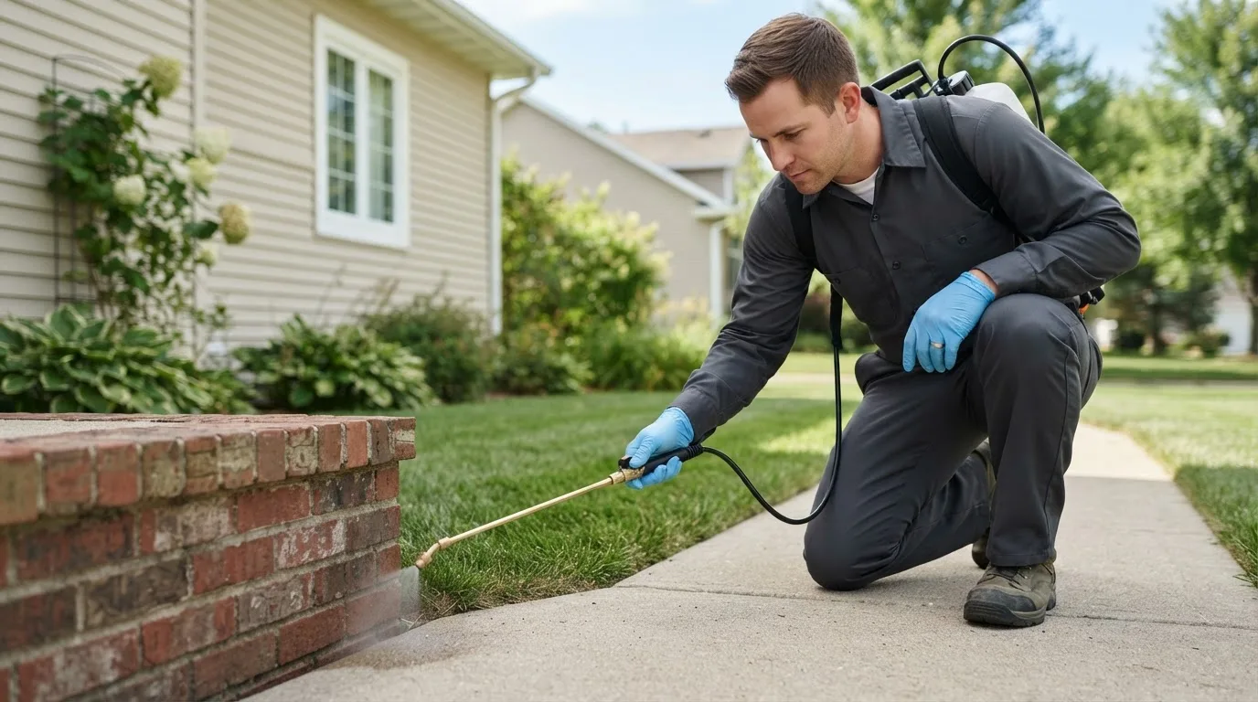 Pest control technician treating a home near Clifton Springs, NY